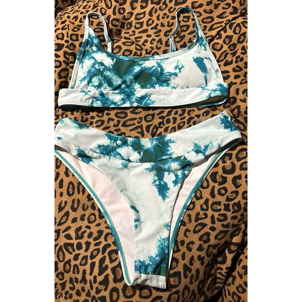 Women's Teal Green Tie Dye Athletic Cut 2pc Swimsuit Bikini, Size Medium